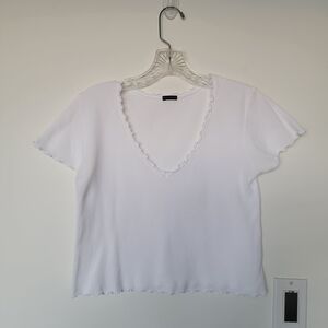Brandy Melville Ribbed White V-Neck Tee